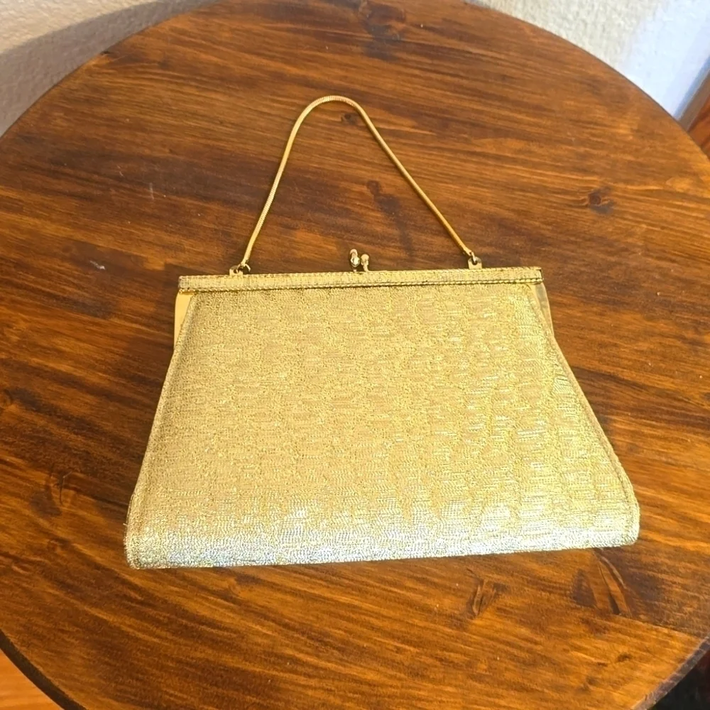 Vintage Gold Metallic Fabric Clutch Short strap Wristlet Retro PARTY Dance